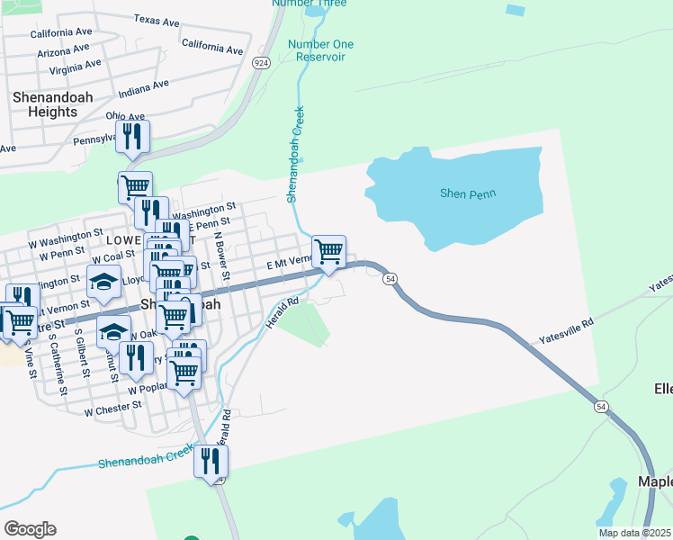 map of restaurants, bars, coffee shops, grocery stores, and more near 606 East Centre Street in Shenandoah