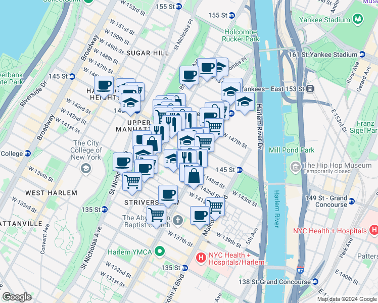 map of restaurants, bars, coffee shops, grocery stores, and more near 223 West 143rd Street in New York