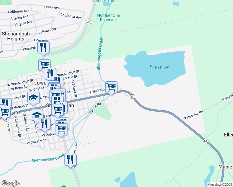 map of restaurants, bars, coffee shops, grocery stores, and more near 618 East Centre Street in Shenandoah