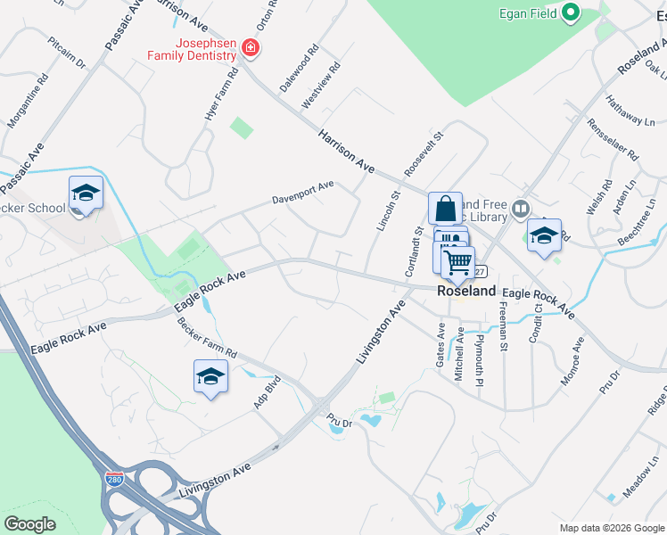 map of restaurants, bars, coffee shops, grocery stores, and more near 33 Leonard Terrace in Roseland