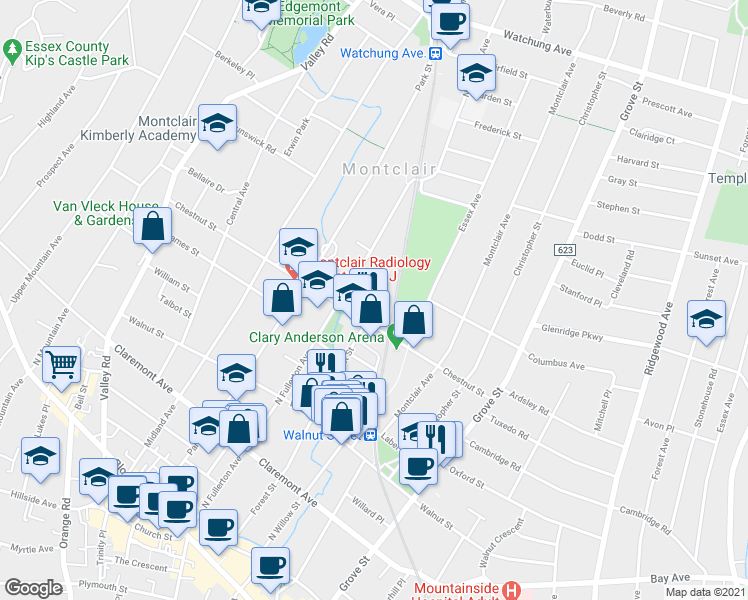 map of restaurants, bars, coffee shops, grocery stores, and more near 184A Forest Street in Montclair