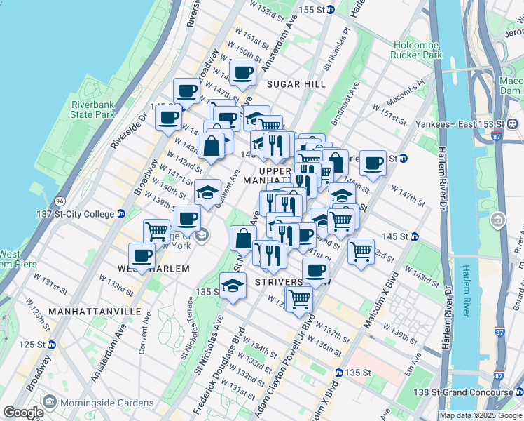 map of restaurants, bars, coffee shops, grocery stores, and more near 634 Saint Nicholas Avenue in New York