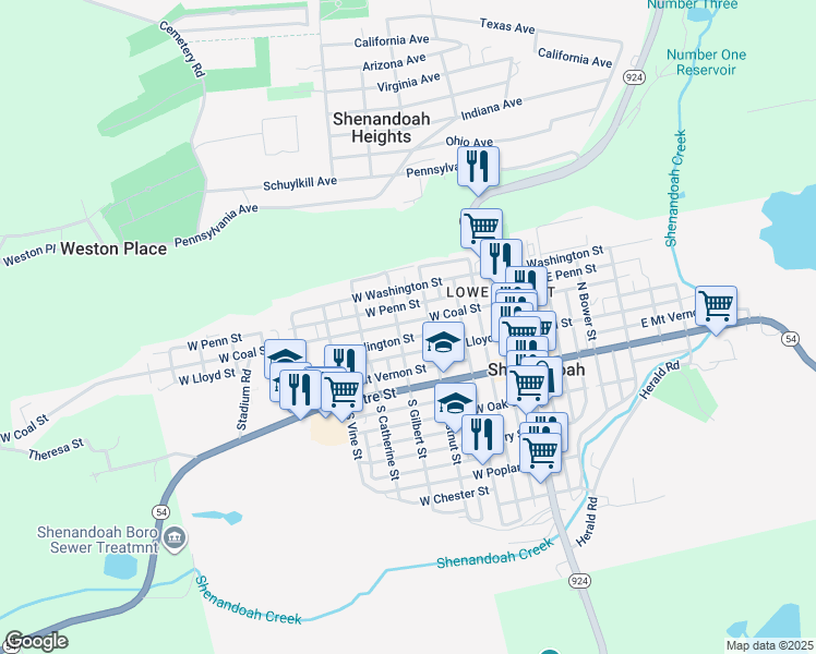 map of restaurants, bars, coffee shops, grocery stores, and more near 328 West Coal Street in Shenandoah
