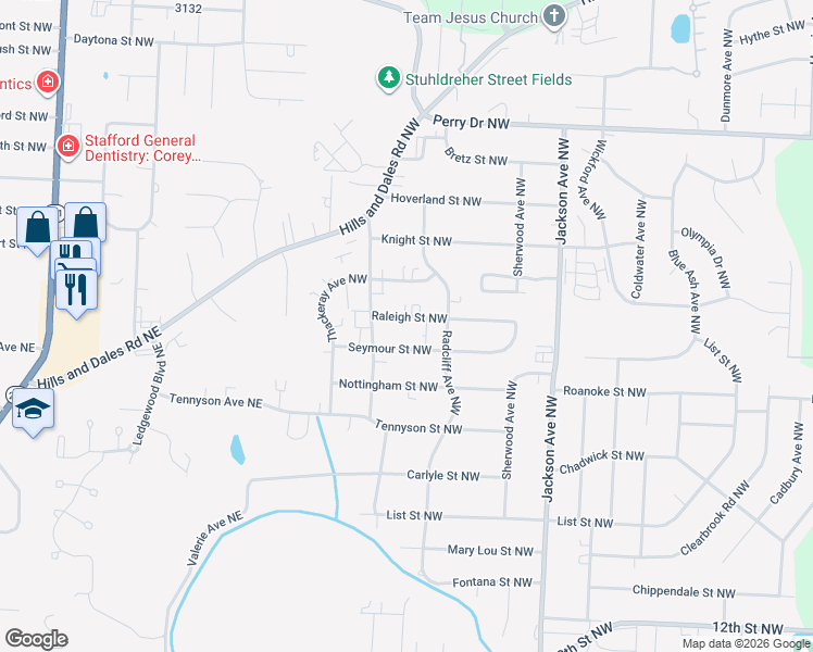map of restaurants, bars, coffee shops, grocery stores, and more near 1369 Seymour Street Northwest in Massillon