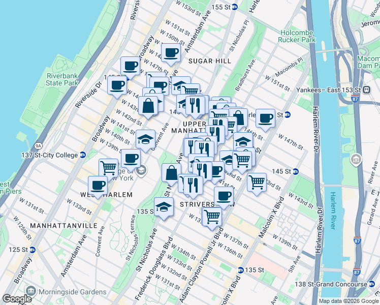 map of restaurants, bars, coffee shops, grocery stores, and more near in New York