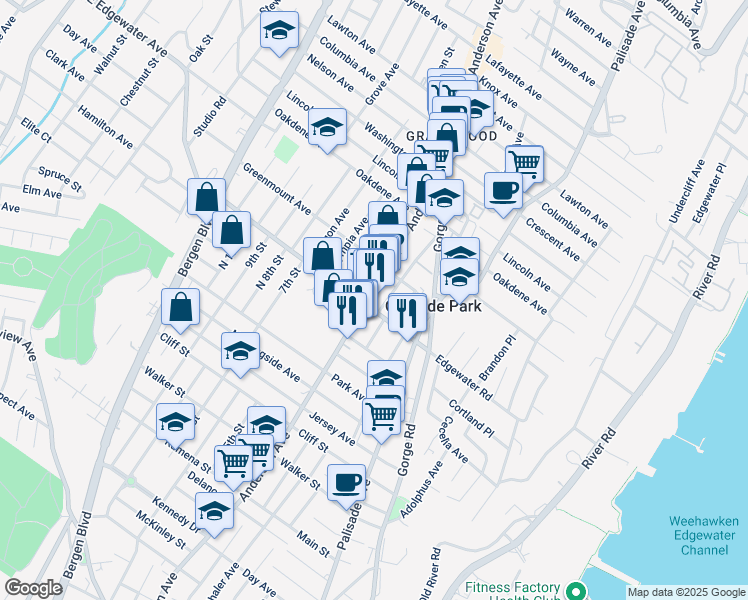 map of restaurants, bars, coffee shops, grocery stores, and more near 500 Anderson Avenue in Cliffside Park