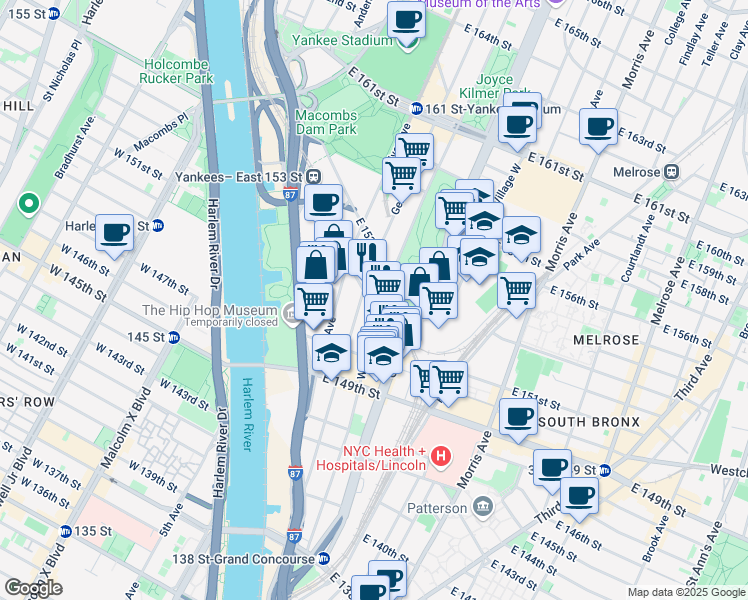 map of restaurants, bars, coffee shops, grocery stores, and more near 151 East 151st Street in Bronx