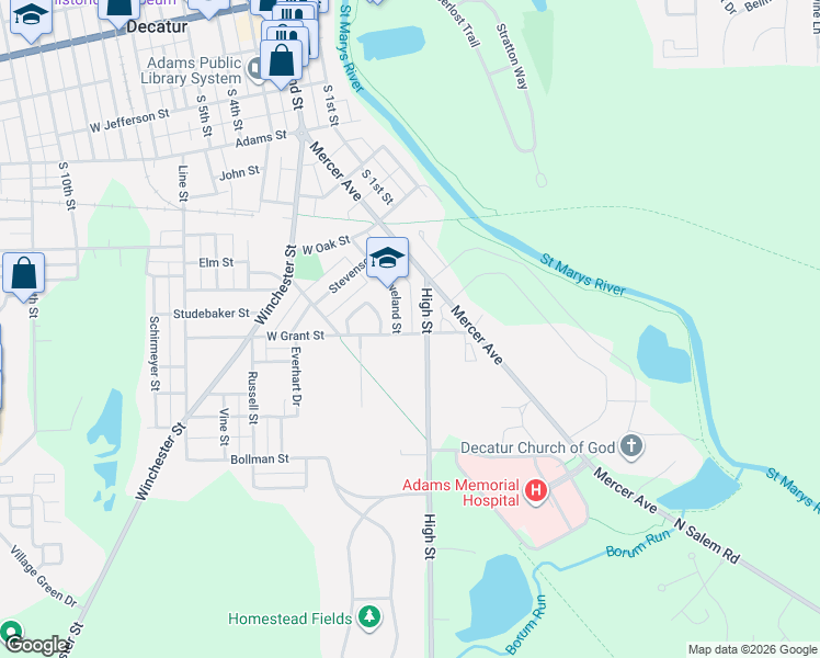 map of restaurants, bars, coffee shops, grocery stores, and more near 125 W Grant St in Decatur