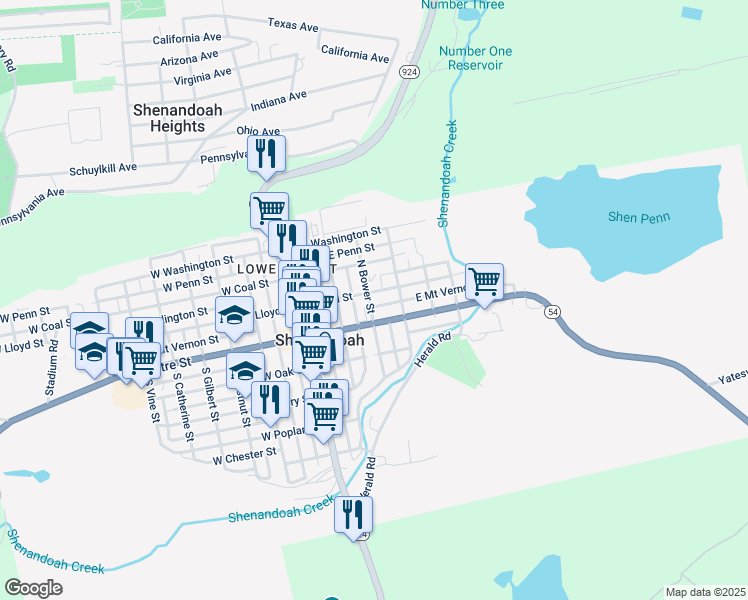 map of restaurants, bars, coffee shops, grocery stores, and more near 204 East Lloyd Street in Shenandoah