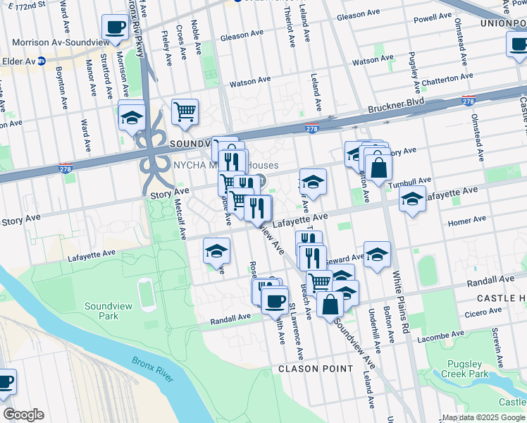 map of restaurants, bars, coffee shops, grocery stores, and more near 810 Sound View Avenue in Bronx