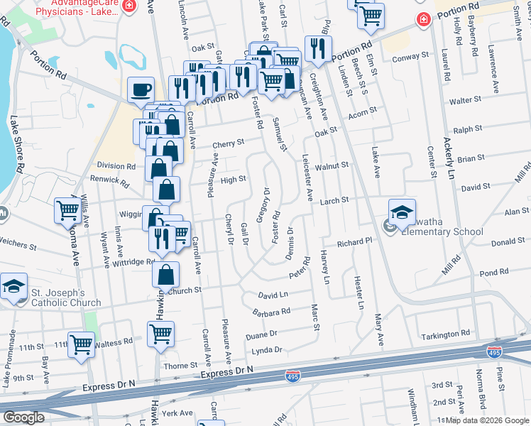 map of restaurants, bars, coffee shops, grocery stores, and more near 115 Foster Road in Lake Ronkonkoma