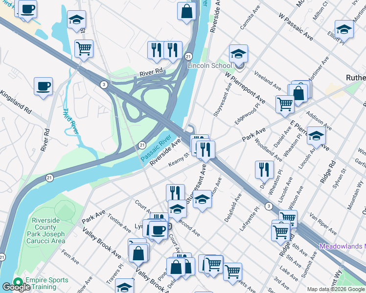 map of restaurants, bars, coffee shops, grocery stores, and more near 12 Kearny Street in Lyndhurst