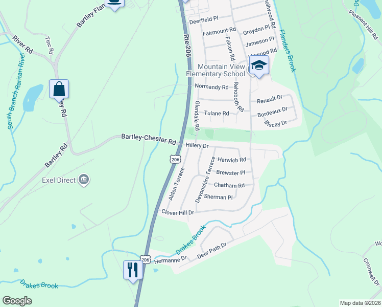 map of restaurants, bars, coffee shops, grocery stores, and more near 6 Beekmeer Place in Mount Olive