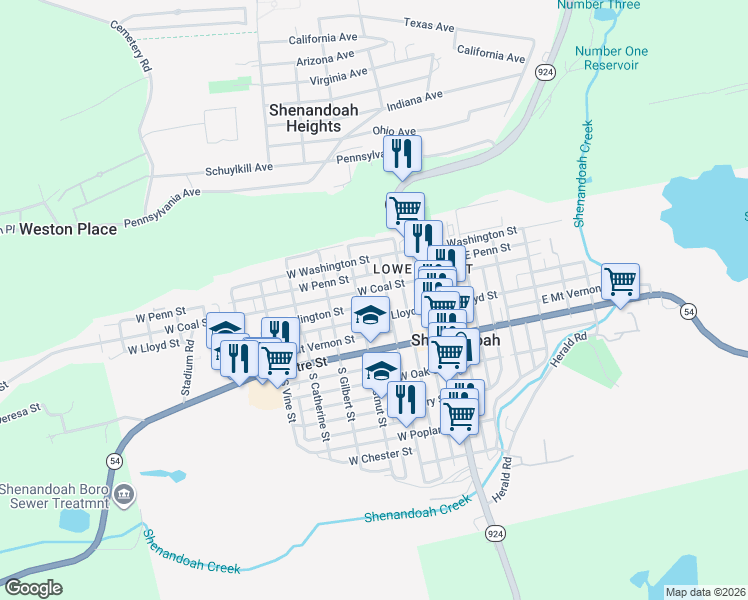 map of restaurants, bars, coffee shops, grocery stores, and more near 232 Lloyd Street in Shenandoah