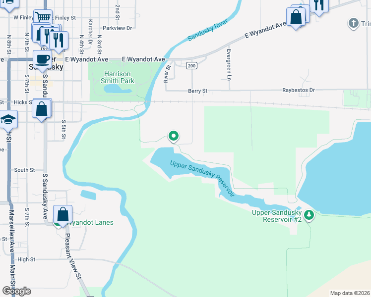 map of restaurants, bars, coffee shops, grocery stores, and more near Reservoir Path in Upper Sandusky