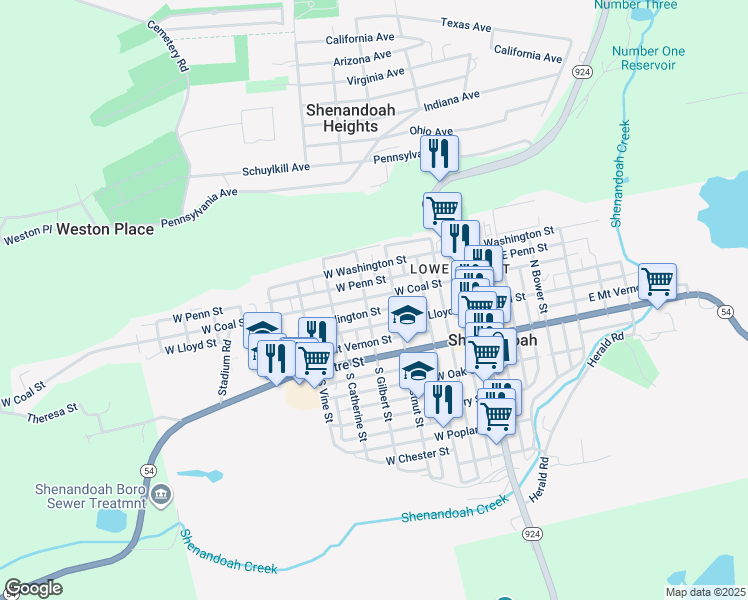 map of restaurants, bars, coffee shops, grocery stores, and more near 328 West Coal Street in Shenandoah