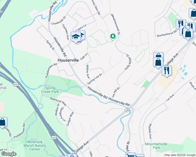 map of restaurants, bars, coffee shops, grocery stores, and more near 170-318 Spring Lea Drive in State College
