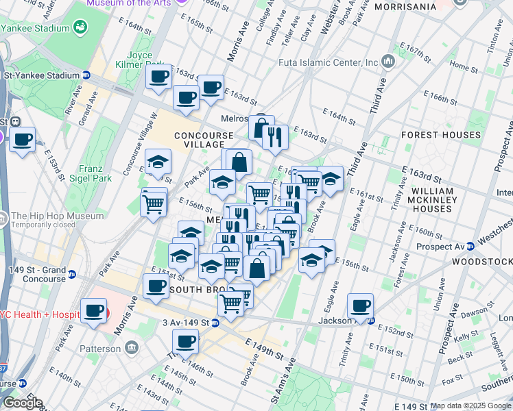 map of restaurants, bars, coffee shops, grocery stores, and more near in The Bronx
