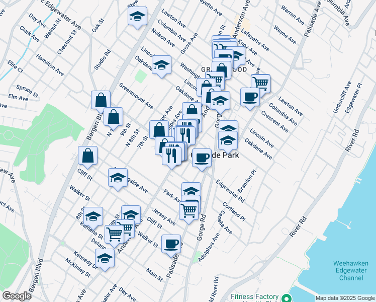 map of restaurants, bars, coffee shops, grocery stores, and more near 500 Anderson Avenue in Cliffside Park