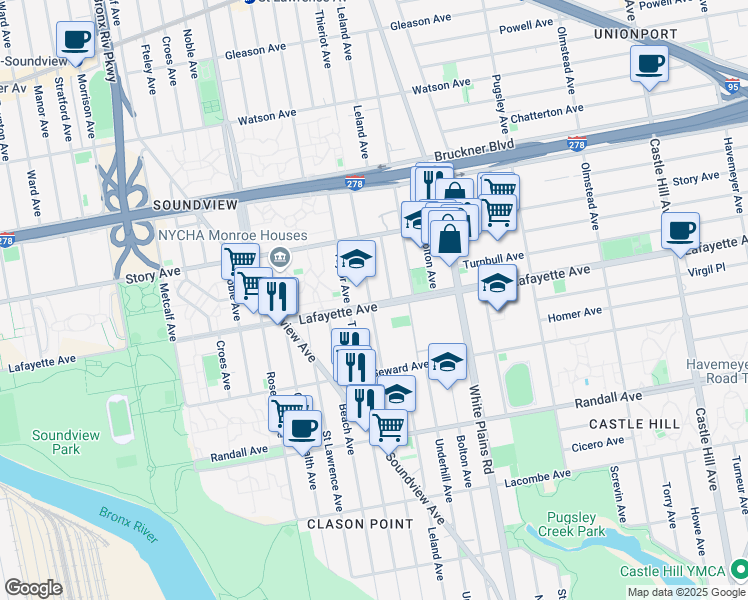 map of restaurants, bars, coffee shops, grocery stores, and more near 747 Thieriot Avenue in The Bronx