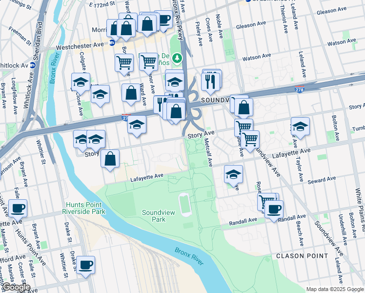 map of restaurants, bars, coffee shops, grocery stores, and more near 825 Morrison Avenue in The Bronx