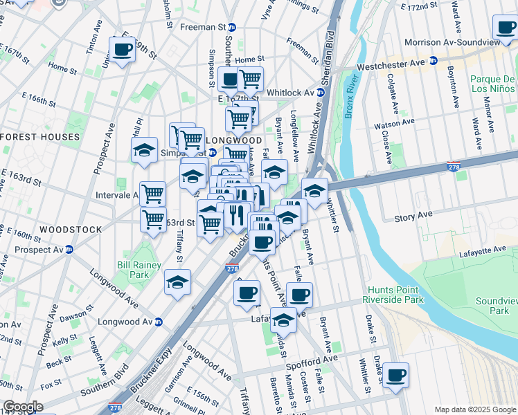 map of restaurants, bars, coffee shops, grocery stores, and more near 1021 Bruckner Boulevard in The Bronx