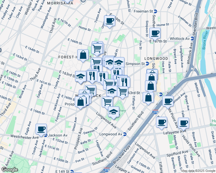 map of restaurants, bars, coffee shops, grocery stores, and more near in The Bronx