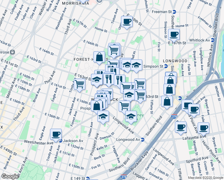 map of restaurants, bars, coffee shops, grocery stores, and more near 900 Prospect Avenue in Bronx
