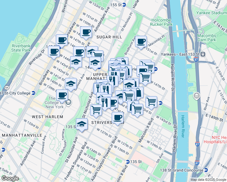 map of restaurants, bars, coffee shops, grocery stores, and more near 2674 Frederick Douglass Boulevard in New York