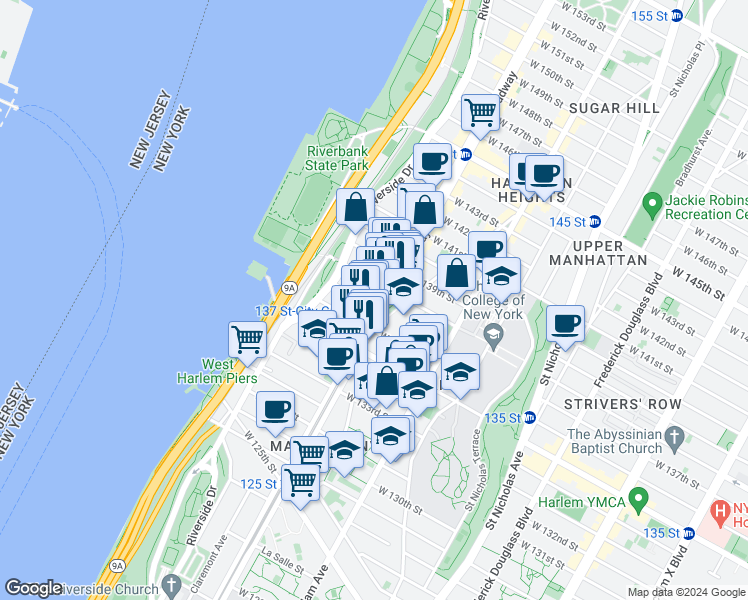 map of restaurants, bars, coffee shops, grocery stores, and more near 3344 Broadway in New York
