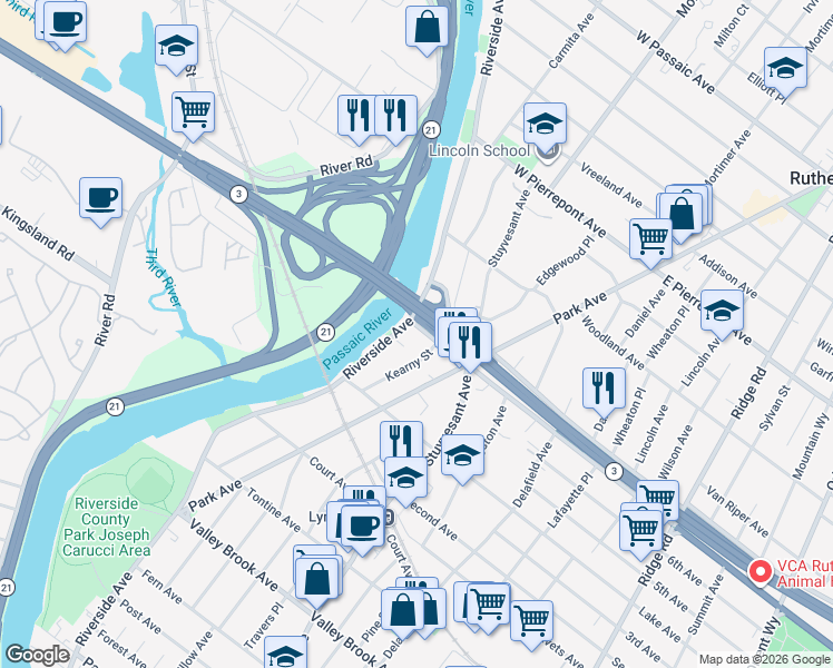 map of restaurants, bars, coffee shops, grocery stores, and more near 12 Kearny Street in Lyndhurst