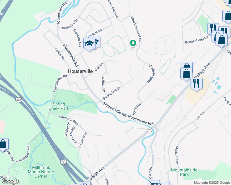 map of restaurants, bars, coffee shops, grocery stores, and more near 170-318 Spring Lea Drive in State College