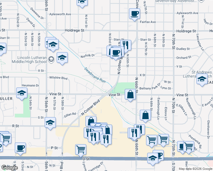 map of restaurants, bars, coffee shops, grocery stores, and more near 6296-6304 Vine Street in Lincoln