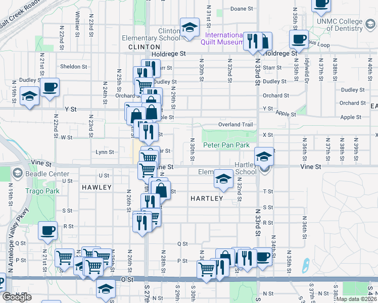 map of restaurants, bars, coffee shops, grocery stores, and more near 3014 Vine Street in Lincoln