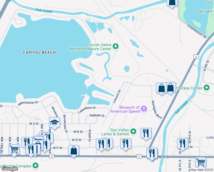 map of restaurants, bars, coffee shops, grocery stores, and more near 515 Pier 2 in Lincoln
