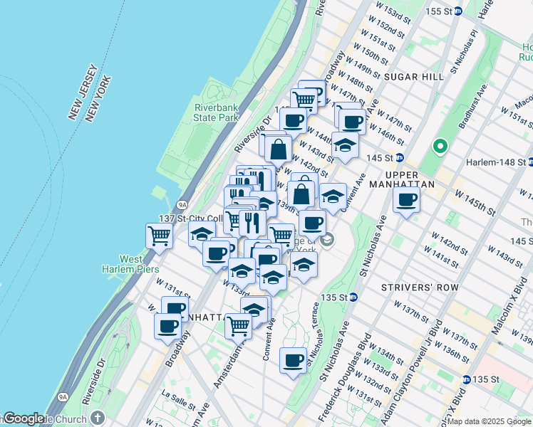 map of restaurants, bars, coffee shops, grocery stores, and more near West 138th Street & Hamilton Place in New York