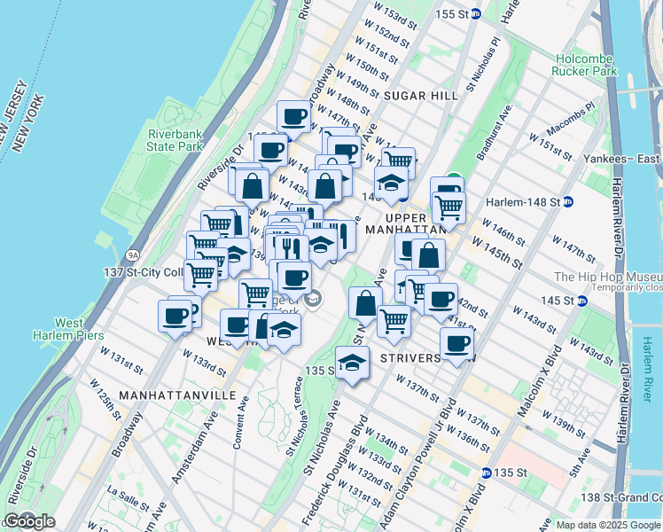 map of restaurants, bars, coffee shops, grocery stores, and more near 259 Convent Avenue in New York
