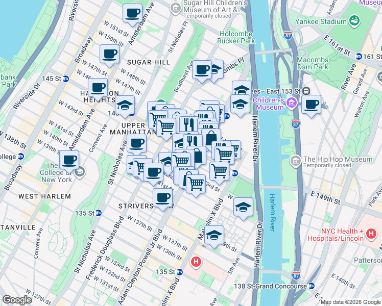 map of restaurants, bars, coffee shops, grocery stores, and more near 220 West 145th Street in New York