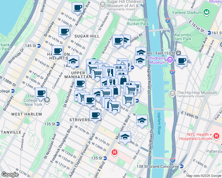 map of restaurants, bars, coffee shops, grocery stores, and more near 202 West 145th Street in New York
