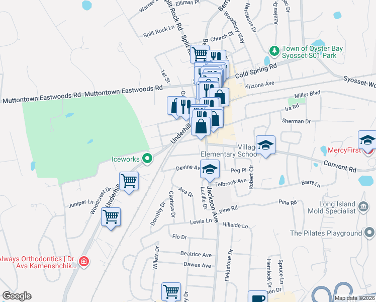 map of restaurants, bars, coffee shops, grocery stores, and more near 14 Devine Avenue in Syosset