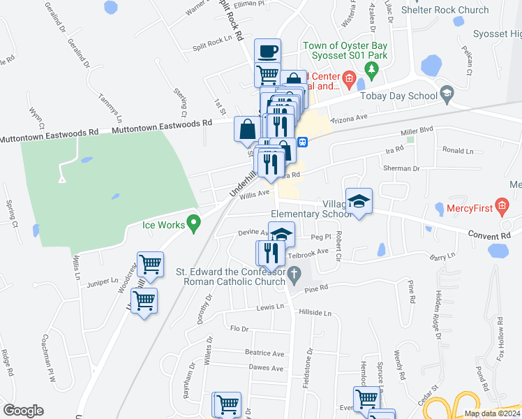 map of restaurants, bars, coffee shops, grocery stores, and more near 12 Walters Avenue in Syosset