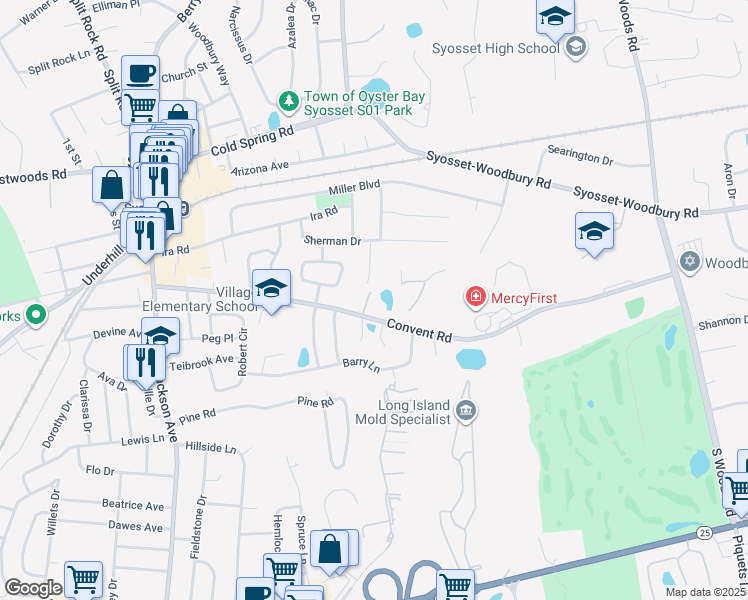 map of restaurants, bars, coffee shops, grocery stores, and more near 112-114 Convent Road in Syosset