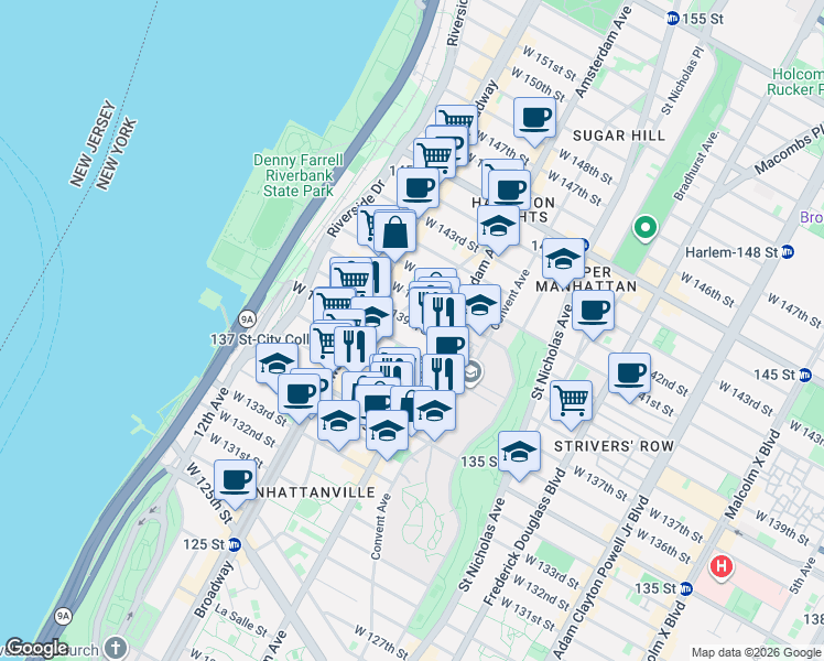 map of restaurants, bars, coffee shops, grocery stores, and more near 520 West 139th Street in New York