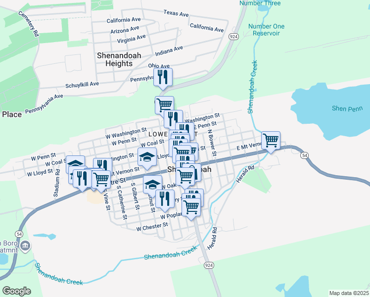 map of restaurants, bars, coffee shops, grocery stores, and more near 107 North Main Street in Shenandoah