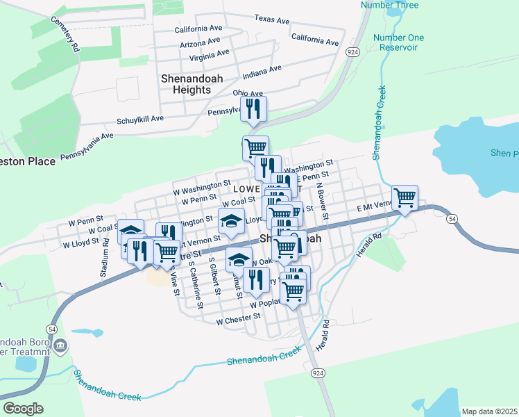 map of restaurants, bars, coffee shops, grocery stores, and more near 121 North Jardin Street in Shenandoah