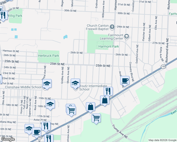 map of restaurants, bars, coffee shops, grocery stores, and more near 2830 25th Street Northeast in Canton