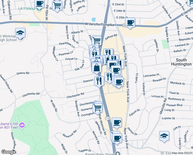 map of restaurants, bars, coffee shops, grocery stores, and more near 7 Weston Street in Huntington Station