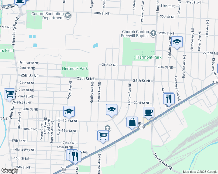 map of restaurants, bars, coffee shops, grocery stores, and more near 2742 25th Street Northeast in Canton