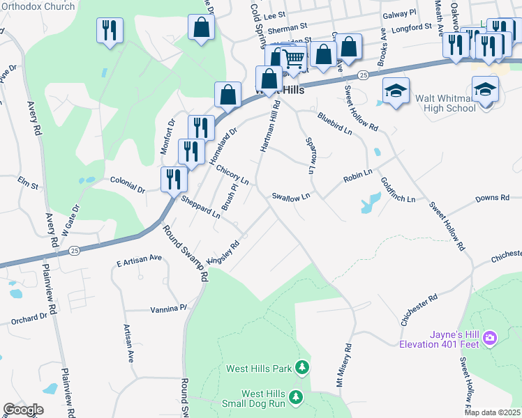map of restaurants, bars, coffee shops, grocery stores, and more near 47 Hartman Hill Road in Huntington