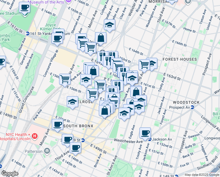 map of restaurants, bars, coffee shops, grocery stores, and more near 414 East 159th Street in The Bronx
